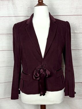 Emanuel Ungaro Wine Corduroy Jacket Satin Bow Tie Front & Sleeves Romantic L